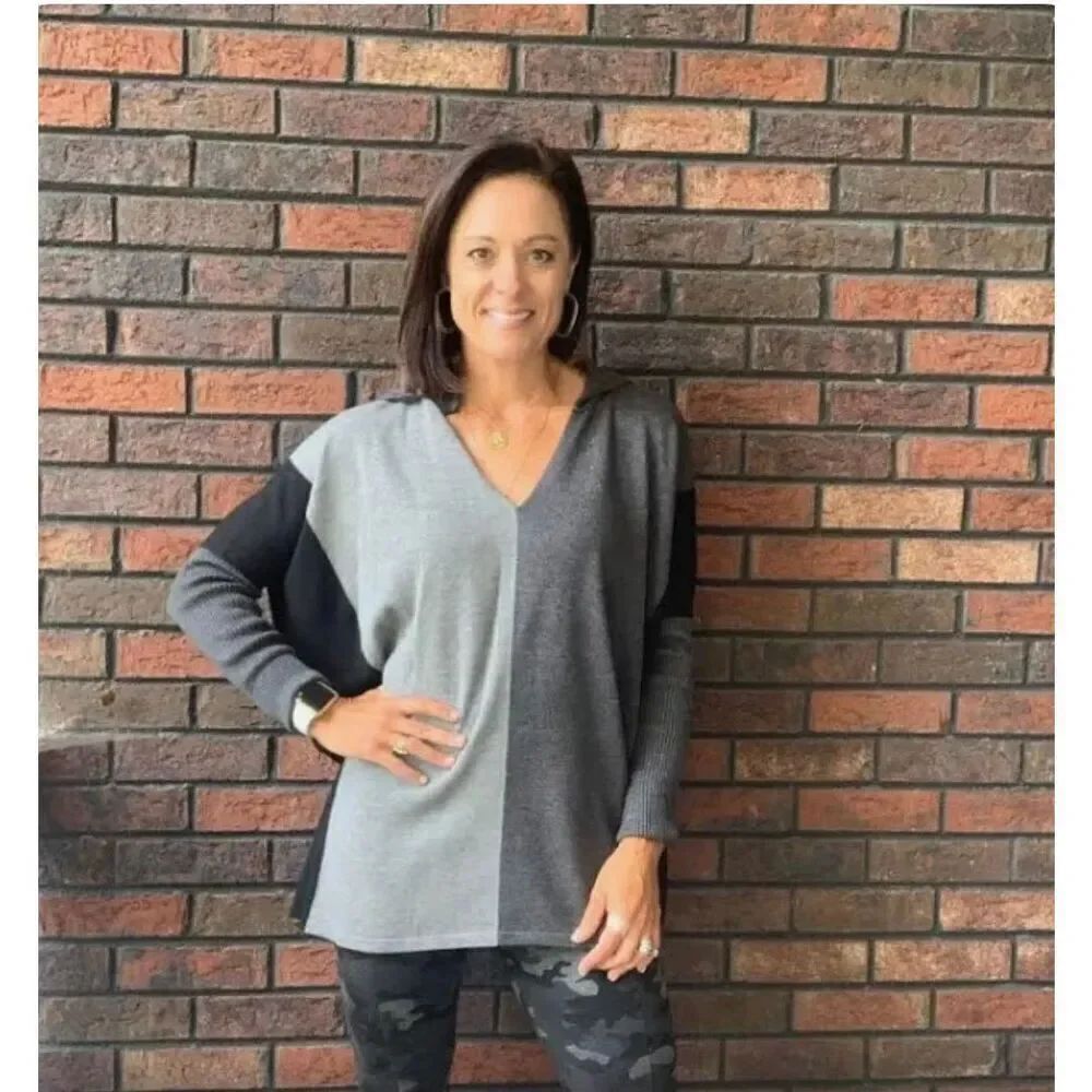 CAbi Dakota Gray Color Block Hoodie Pullover Sweater sz S NWOT